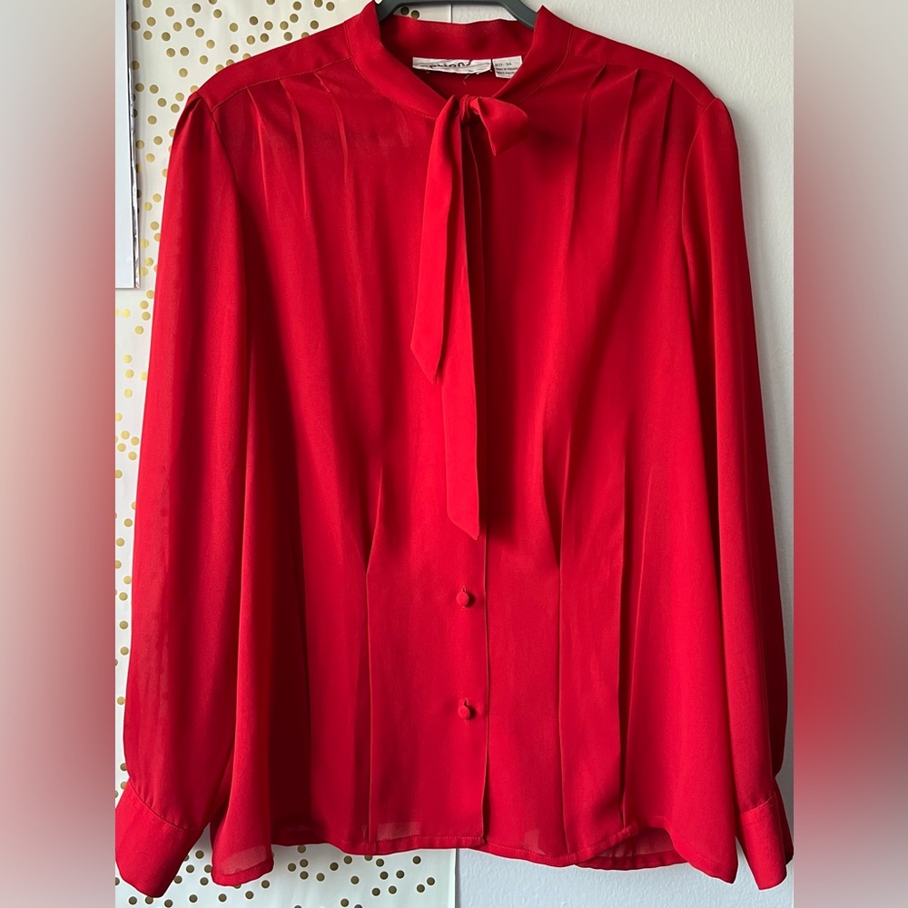 Vintage Sheer Button Down Pleated Neck Tie Blouse in Red size Large